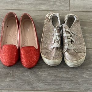 Two pairs of girls glitter shoes, red and gold. Smoke free, pet friendly home.